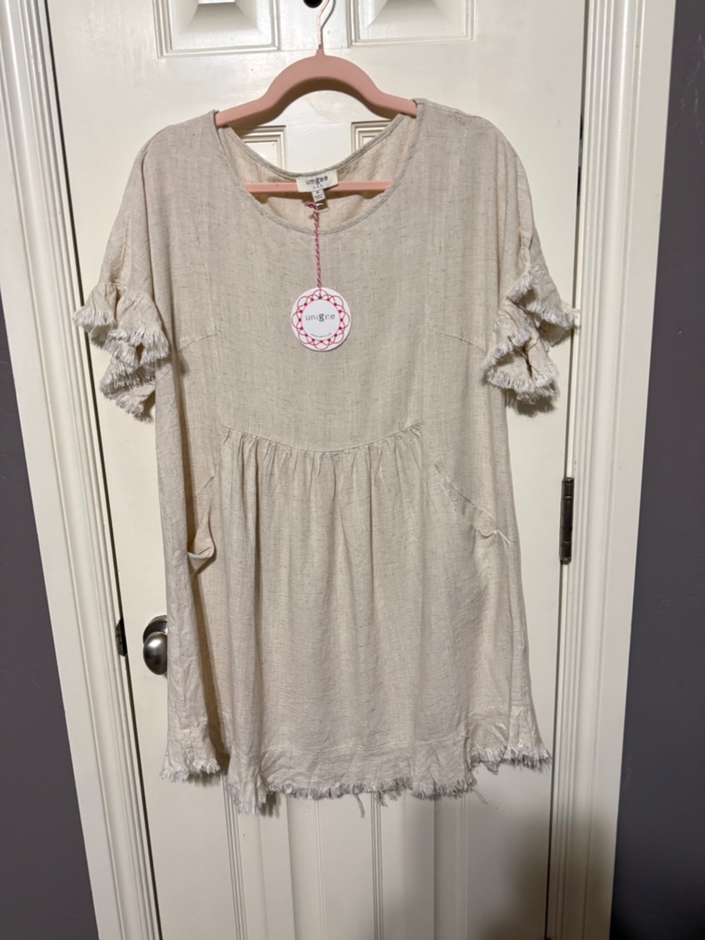 Umgee Beige Fringed Short Sleeve Dress